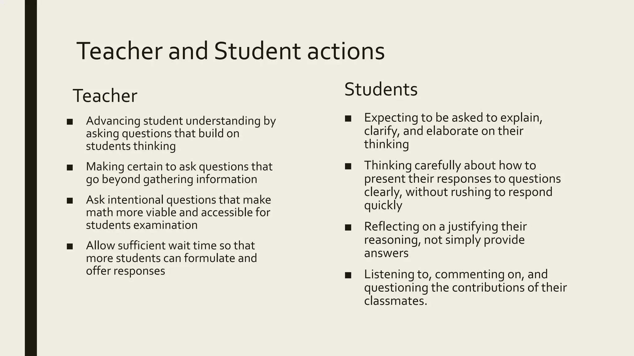 Teacher and Student actions
Teacher
■ Advancing student understanding by
asking questions that build on
students thinking
■ Making certain to ask questions that
go beyond gathering information
■ Ask intentional questions that make
math more viable and accessible for
students examination
■ Allow sufficient wait time so that
more students can formulate and
offer responses
Students
■ Expecting to be asked to explain,
clarify, and elaborate on their
thinking
■ Thinking carefully about how to
present their responses to questions
clearly, without rushing to respond
quickly
■ Reflecting on a justifying their
reasoning, not simply provide
answers
■ Listening to, commenting on, and
questioning the contributions of their
classmates.
 