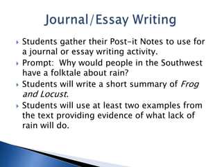 







Students gather their Post-it Notes to use for
a journal or essay writing activity.
Prompt: Why would people in the Southwest
have a folktale about rain?
Students will write a short summary of Frog
and Locust.
Students will use at least two examples from
the text providing evidence of what lack of
rain will do.

 