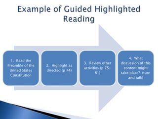 1. Read the
Preamble of the
United States
Constitution

2. Highlight as
directed (p 74)

3. Review other
activities (p 7581)

4. What
discussion of this
content might
take place? (turn
and talk)

 