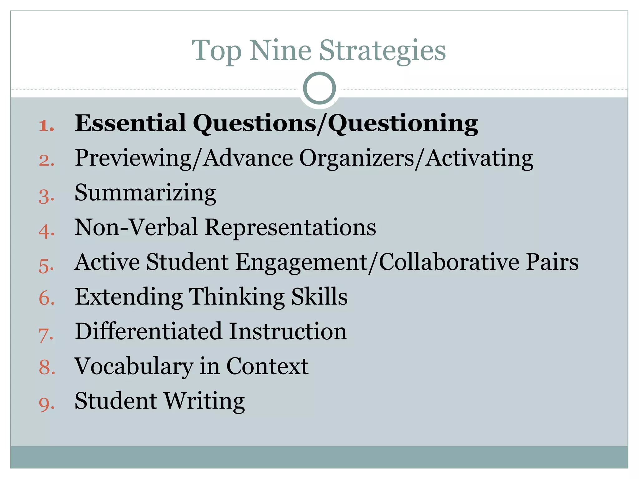 1. Essential Questions/Questioning
2. Previewing/Advance Organizers/Activating
3. Summarizing
4. Non-Verbal Representations
5. Active Student Engagement/Collaborative Pairs
6. Extending Thinking Skills
7. Differentiated Instruction
8. Vocabulary in Context
9. Student Writing
Top Nine Strategies
 