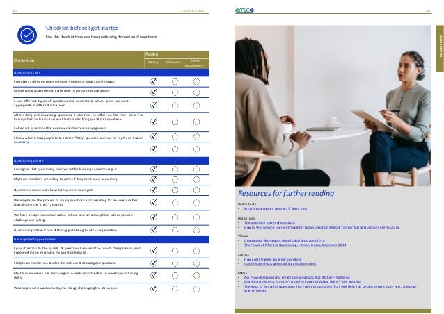21stCenturySkills
165 166
QUESTIONING
Checklist before I get started
Use this checklist to assess the questioning dimension of your team.
Dimension
Rating
Strong Adequate Needs
improvement
Questioning skills
I regularly ask for my team member’s opinions, ideas and feedback.
Before going to a meeting, I take time to prepare my questions.
I use different types of questions and understand which types are most
appropriate in different situations.
After asking and answering questions, I take time to reflect on the new ideas I’ve
heard, what I’ve learnt and what further clarifying questions I could ask.
I often ask questions that empower and increase engagement.
I know when it is appropriate to ask the “Why” question and how to rephrase it when
necessary.
Questioning culture
I recognize that questioning is important for learning and encourage it.
My team members are willing to admit if they don’t know something.
Questions are not just allowed, they are encouraged.
We emphasize the process of asking questions and searching for an- swers rather
than finding the “right” answers.
We have an open communication culture and an atmosphere where you can
challenge everything.
Questioning culture is one of the biggest strengths of our organisation.
Developmentopportunities
I pay attention to the quality of questions I ask and the results they produce, and
keep working on improving my questioning skills.
I helpteammemberstodevelopthe skillsneededtoaskgoodquestions.
My team members are encouraged to seek opportunities to develop questioning
skills.
We accept and reward curiosity, risk taking, challenging the status quo.
Resources for further reading
Online tools
• What’s Your Inquiry Quotient? Take a quiz
Useful links
• The surprising power of questions
• How to Win Anyone over with Rockstar Communication Skills: 4 Tips for Asking Questions like YouCare
Videos
• Questioning Techniques. MindToolsVideos, June 2018
• The Power of Effective Questioning. Litmos Heroes, December 2014
Articles
• How great leaders ask great questions
• Good leadership is about asking good questions
Books
• Ask Powerful Questions: Create Conversations That Matter – Will Wise
• Coaching Questions: A Coach’s Guide to Powerful Asking Skills – Tony Stoltzfus
• The Book of Beautiful Questions: The Powerful Questions That Will Help You Decide, Create, Con- nect, and Lead -
Warren Berger
 