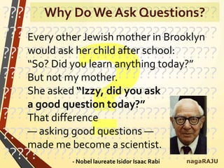 ??????????????????????????????
??????????????????????????????
??????????????????????????????
??????????????????????????????
??????????????????????????????
??????????????????????????????
??????????????????????????????
??????????????????????????????nagaRAJU
Why Do We Ask Questions?
Every other Jewish mother in Brooklyn
would ask her child after school:
“So? Did you learn anything today?”
But not my mother.
She asked “Izzy, did you ask
a good question today?”
That difference
— asking good questions —
made me become a scientist.
- Nobel laureate Isidor Isaac Rabi
 