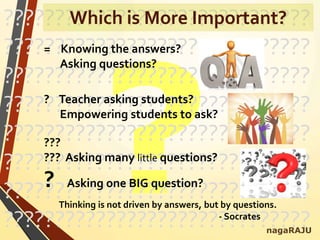 ??????????????????????????????
??????????????????????????????
??????????????????????????????
??????????????????????????????
??????????????????????????????
??????????????????????????????
??????????????????????????????
??????????????????????????????
= Knowing the answers?
Asking questions?
? Teacher asking students?
Empowering students to ask?
???
??? Asking many little questions?
? Asking one BIG question?
nagaRAJU
Which is More Important?
Thinking is not driven by answers, but by questions.
- Socrates
 