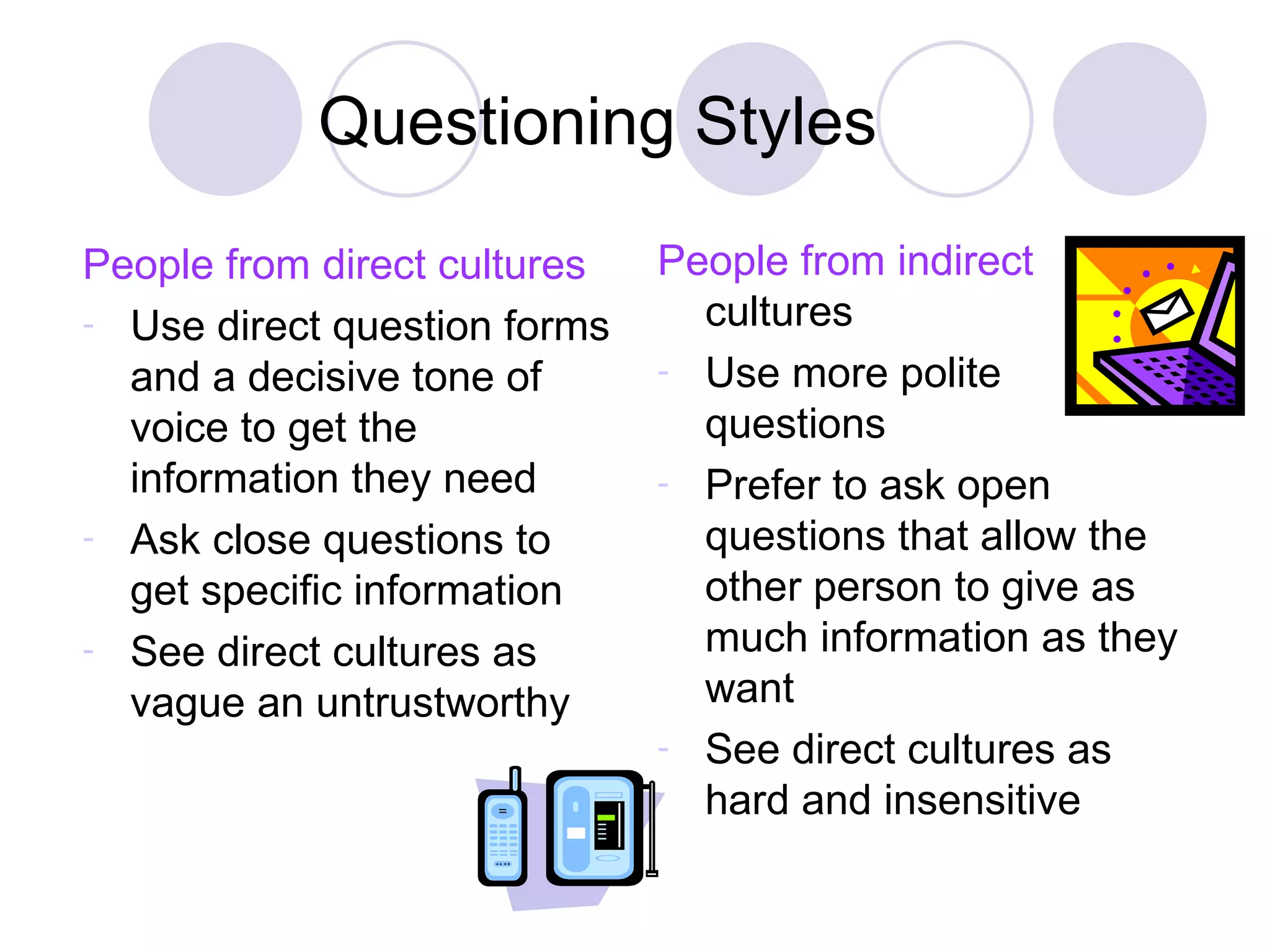 Questioning Styles People from direct cultures Use direct question forms and a decisive tone of voice to get the information they need Ask close questions to get specific information See direct cultures as vague an untrustworthy People from indirect cultures Use more polite questions Prefer to ask open questions that allow the other person to give as much information as they want See direct cultures as hard and insensitive