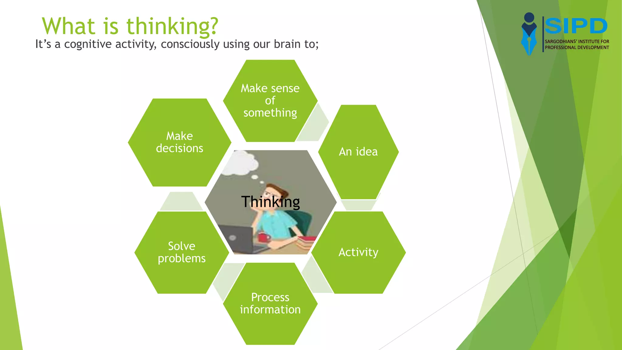 What is thinking?
It’s a cognitive activity, consciously using our brain to;
Thinking
Make sense
of
something
An idea
Activity
Process
information
Solve
problems
Make
decisions
 