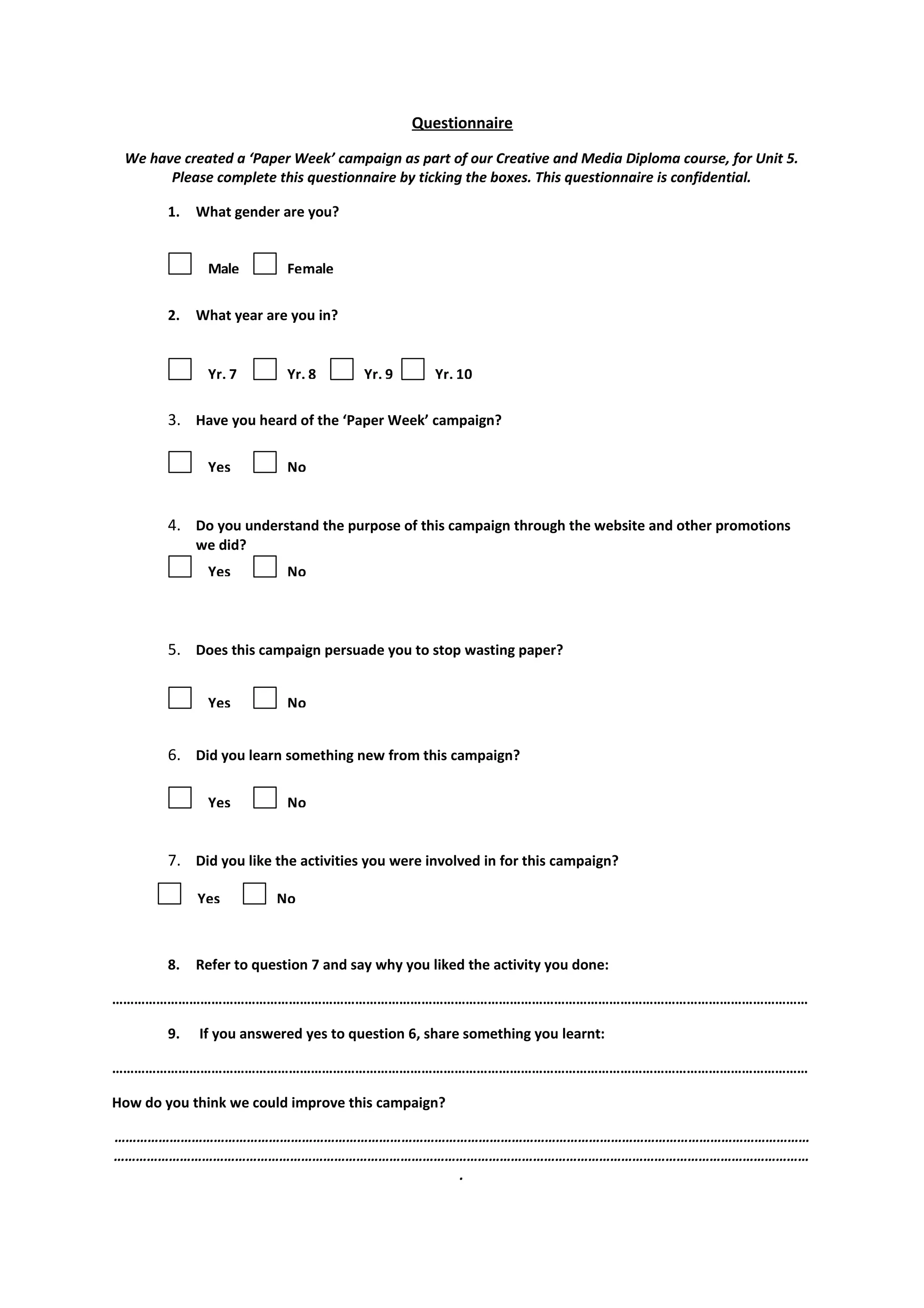 Questionnaire for success of Campaign | ODT