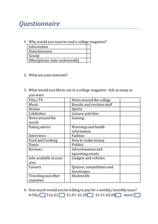 Questionnaire
1. Why would you wantto read a college magazine?
Information
Entertainment
Gossip
Other(please state underneath)
2. What are your interests?
3. What would you liketo see in a college magazine: tick as many as
you want
Film/ TV Newsaround the college
Music Results and revision stuff
Drama Sports
Celebrities Leisure activities
Newsaround the
world
Gaming
Dating advice Warningsand health
information
Interviews Fashion
Food and Cooking How to make money
Dance Politics
Reviews Advertisementand
upcomingevents
Jobs available in your
area
Gadgets and vehicles
Careers Quizzes, competitions and
horoscopes
Travelingand other
countries
Studentlife
4. How much would you bewilling to pay for a weekly/monthly issue?
0-50p 51p-£1 £1.01-£1.50 £1.51-£2.00 more?
x
x
 