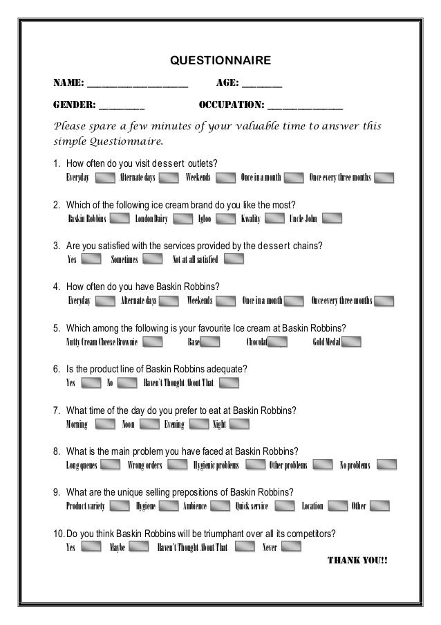 Questionnaire for the survey of dessert market / ice cream 