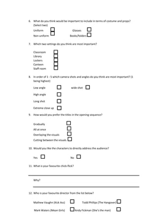 6. What do you think would be important to include in terms of costume and props?
(Select two)
Uniform Glasses
Non-uniform Books/folders
7. Which two settings do you think are most important?
Classroom
Library
Lockers
Canteen
Staff room
8. In order of 1 - 5 which camera shots and angles do you think are most important? (1
being highest)
Low angle wide shot
High angle
Long shot
Extreme close up
9. How would you prefer the titles in the opening sequence?
Gradually
All at once
Overlaying the visuals
Cutting between the visuals
10. Would you like the characters to directly address the audience?
Yes No
11. What is your favourite chick-flick?
Why?
12. Who is your favourite director from the list below?
Mathew Vaughn (Kick Ass) Todd Phillips (The Hangover)
Mark Waters (Mean Girls) Andy Fickman (She’s the man)
 