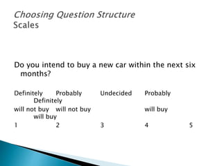 Do you intend to buy a new car within the next six
months?
Definitely Probably Undecided Probably
Definitely
will not buy will not buy will buy
will buy
1 2 3 4 5
 