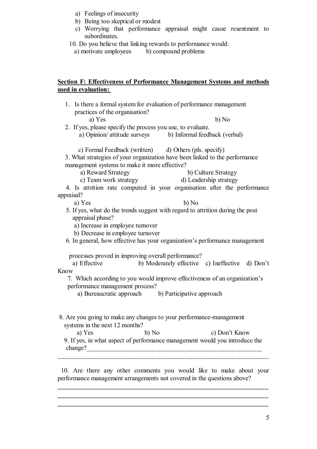 questionnaire for managers