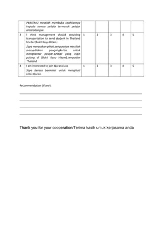 PERTEMU mestilah membuka keahliannya
kepada semua pelajar termasuk pelajar
antarabangsa
2 I think management should providing
transportation to send student in Thailand
border(Bukit Kayu Hitam)
Saya merasakan pihak pengurusan mestilah
menyediakan pengangkutan untuk
menghantar pelajar-pelajar yang ingin
pulang di (Bukit Kayu Hitam),sempadan
Thailand
1 2 3 4 5
3 I am interested to join Quran class
Saya berasa berminat untuk mengikuti
kelas Quran.
1 2 3 4 5
Recommendation (If any):
__________________________________________________________________________________
__________________________________________________________________________________
__________________________________________________________________________________
__________________________________________________________________________________
Thank you for your cooperation/Terima kasih untuk kerjasama anda
 