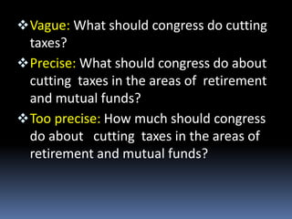 Vague: What should congress do cutting
taxes?
Precise: What should congress do about
cutting taxes in the areas of retirement
and mutual funds?
Too precise: How much should congress
do about cutting taxes in the areas of
retirement and mutual funds?
 