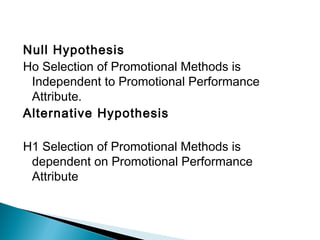 Null Hypothesis
Ho Selection of Promotional Methods is
Independent to Promotional Performance
Attribute.
Alternative Hypothesis
H1 Selection of Promotional Methods is
dependent on Promotional Performance
Attribute
 
