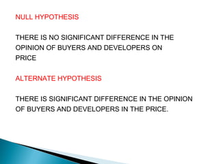 NULL HYPOTHESIS
THERE IS NO SIGNIFICANT DIFFERENCE IN THE
OPINION OF BUYERS AND DEVELOPERS ON
PRICE
ALTERNATE HYPOTHESIS
THERE IS SIGNIFICANT DIFFERENCE IN THE OPINION
OF BUYERS AND DEVELOPERS IN THE PRICE.
 
