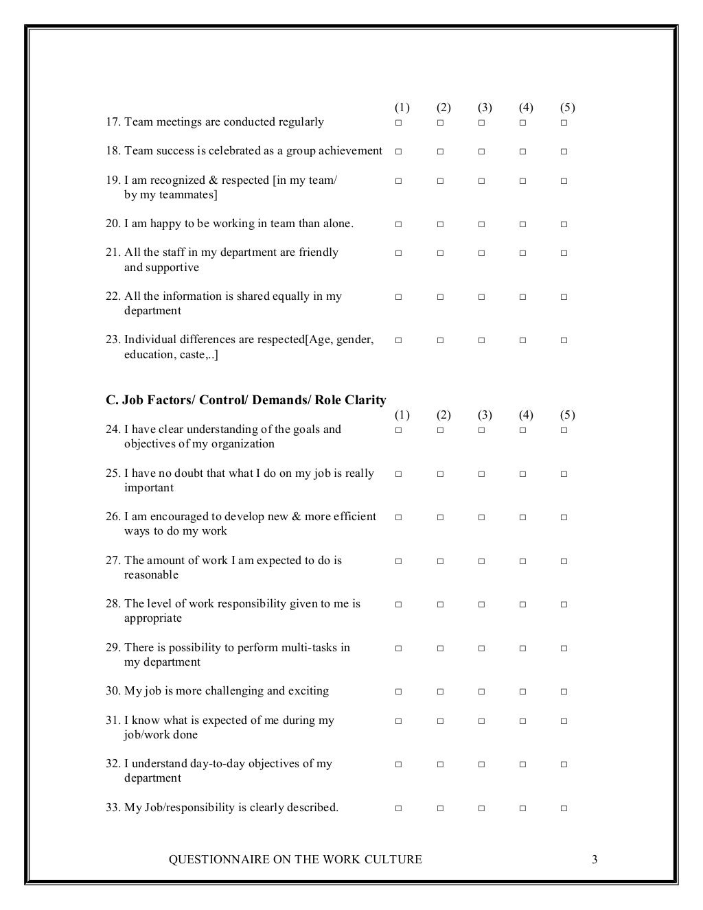 Questionnaire On Work Culture
