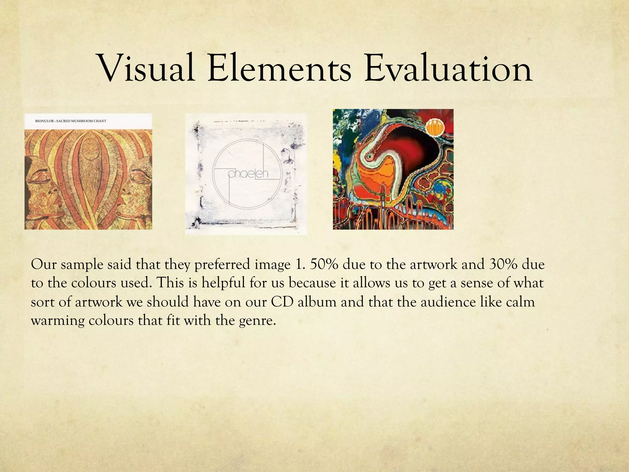 Visual Elements Evaluation
Our sample said that they preferred image 1. 50% due to the artwork and 30% due
to the colours used. This is helpful for us because it allows us to get a sense of what
sort of artwork we should have on our CD album and that the audience like calm
warming colours that fit with the genre.
 