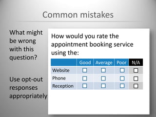 Common mistakes
What might
be wrong
with this
question?
How would you rate the
appointment booking service
using the:
Good Average Poor
Website
Phone
Reception
Use opt-out
responses
appropriately
N/A
 