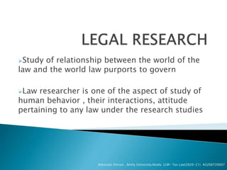 Study of relationship between the world of the
law and the world law purports to govern
Law researcher is one of the aspect of study of
human behavior , their interactions, attitude
pertaining to any law under the research studies
Advocate Simran Amity University,Noida LLM- Tax Law(2020-21) A3268720007
 