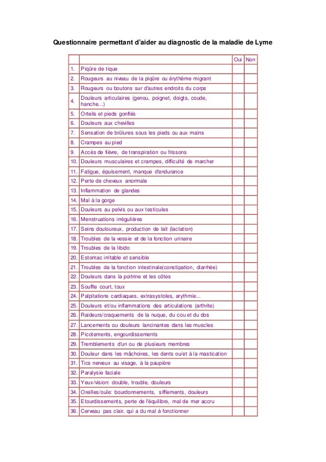 Questionnaire lyme symptomes