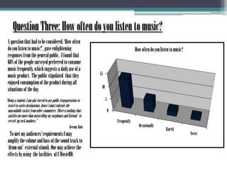 Question Three: How often do you listen to music?       A question that had to be considered, ‘How often do you listen to music?’, gave enlightening responses from the general public.  I found that 60% of the people surveyed preferred to consume music frequently, which suggests a daily use of a music product.  The public stipulated  that they enjoyed consumption of the product during all situations of the day.       “Being a student, I am alas forced to use public transportation to travel to varies destinations, hence I must tolerate the unavoidable racket from other commuters. There is nothing that satisfies me more than unravelling my earphones and listenin’  to revved  up rock madness.”Jeremy BaleTo met my audiences’ requirements I may amplify the volume and bass of the sound track to ‘drum out’  external stimuli. One may achieve the effects by using  the facilities  of I MovieHD. 	