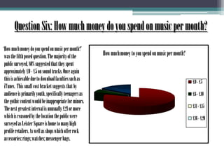 Question Six: How much money do you spend on music per month?       ‘How much money do you spend on music per month?’ was the fifth posed question. The majority of the public surveyed, 80% suggested that they spent approximately £0 - £5 on sound tracks. Once again this is achievable due to download faculties such as iTunes.  This small cost bracket suggests that by audience is primarily youth, specifically teenagers as the gothic content would be inappropriate for minors. The next greatest interval is unusually £21 or more which is reasoned by the location the public were surveyed as Leister Square is home to many high profile retailers. As well as shops which offer rock accessories: rings; watches; messenger bags. 
