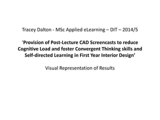 Tracey Dalton - MSc Applied eLearning – DIT – 2014/5
‘Provision of Post-Lecture CAD Screencasts to reduce
Cognitive Load and foster Convergent Thinking skills and
Self-directed Learning in First Year Interior Design’
Visual Representation of Results
 