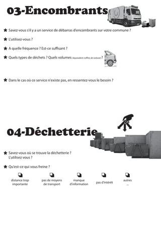 03-Encombrants
Savez-vous s'il y a un service de débarras d'encombrants sur votre commune ?

L'utilisez-vous ?

A quelle fréquence ? Est-ce su sant ?

Quels types de déchets ? Quels volumes (équivalent co   res de voiture) ?




Dans le cas où ce service n'existe pas, en ressentez-vous le besoin ?




04-Déchetterie
Savez-vous où se trouve la déchetterie ?
L'utilisez vous ?

Qu'est-ce qui vous freine ?


 distance trop        pas de moyens         manque                               autres
                                                                 pas d'intérêt
  importante           de transport      d'information                             ...
 