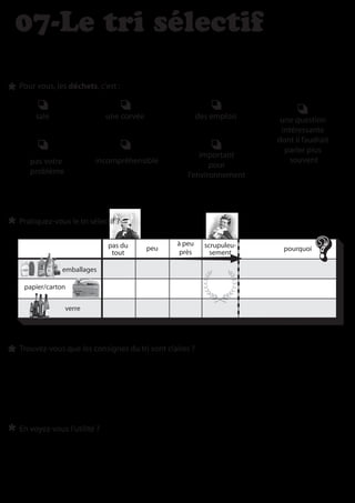 07-Le tri sélectif

Pour vous, les déchets, c'est :


     sale                   une corvée                 des emplois     une question
                                                                       intéressante
                                                                      dont il faudrait
                                                                        parler plus
                                                      important
   pas votre            incompréhensible                                  souvent
                                                         pour
   problème                                       l'environnement




Pratiquez-vous le tri sélectif ?

                            pas du             à peu     scrupuleu-
                                         peu                            pourquoi
                             tout               près       sement

             emballages

 papier/carton

               verre




Trouvez-vous que les consignes du tri sont claires ?




En voyez-vous l'utilité ?
 