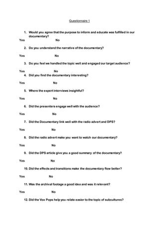 Questionnaire 1
1. Would you agree that the purpose to inform and educate was fulfilled in our
documentary?
Yes No
2. Do you understand the narrative of the documentary?
Yes No
3. Do you feel we handled the topic well and engaged our target audience?
Yes No
4. Did you find the documentary interesting?
Yes No
5. Where the expert interviews insightful?
Yes No
6. Did the presenters engage well with the audience?
Yes No
7. Did the Documentary link well with the radio advert and DPS?
Yes No
8. Did the radio advert make you want to watch our documentary?
Yes No
9. Did the DPS article give you a good summary of the documentary?
Yes No
10. Did the effects and transitions make the documentary flow better?
Yes No
11. Was the archival footage a good idea and was it relevant?
Yes No
12. Did the Vox Pops help you relate easier to the topic of subcultures?
 