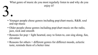 • Younger people chose genres including pop/chart music, R&B, soul
and rap music
• Older people chose genres including pop/chart music on the radio,
jazz, rock and smooth
• Reasons for pop = light hearted, easy to listen to, can sing along, fun,
elevation
• Reasons for others = different genres for differect moods, eclectic
taste, reminds them of a better time
What genre of music do you most regularly listen to and why do you
enjoy it?
3.
 