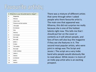 There was a mixture of different artists
that came through when I asked
people who there favourite artist is.
The main one that appeared was
Rihanna, this did not surprise me really
because she is one of the hottest
talents right now. This tells me that I
should put her on the cover or
contents as it will attract people, and
fans of hers will also buy the magazine
if they see she features in it. The
second most popular artists, who were
joint in ratings was The Script and
Jessie J. The script are a very Indie
band who people would obviously like
to read about. While Jessie J is more of
an Indie pop artist who is an exciting
prospect.
 