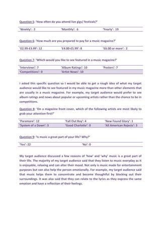 Question 5: ‘How often do you attend live gigs/ festivals?’
‘Weekly’: 2

‘Monthly’: 6

‘Yearly’: 19

Question 6: ‘How much are you prepared to pay for a music magazine?’
‘£2.99-£3.99’: 12

‘£4.00-£5.99’: 8

‘£6.00 or more’: 2

Question 7: ‘Which would you like to see featured in a music magazine?’
‘Interviews’: 7
‘Competitions’: 0

‘Album Ratings’: 10
‘Artist News’: 10

‘Posters’: 7

I asked this specific question so I would be able to get a rough idea of what my target
audience would like to see featured in my music magazine more than other elements that
are usually in a music magazine. For example, my target audience would prefer to see
album ratings and news about popular or upcoming artists rather than the chance to be in
competitions.
Question 8: ‘On a magazine front cover, which of the following artists are most likely to
grab your attention first?’
‘Paramore’: 12
‘System of a Down’: 3

‘Fall Out Boy’: 4
‘Good Charlotte’: 0

‘New Found Glory’: 1
‘All American Rejects’: 3

Question 9: ‘Is music a great part of your life? Why?’
‘Yes’: 22

‘No’: 0

My target audience discussed a few reasons of ‘how’ and ‘why’ music is a great part of
their life. The majority of my target audience said that they listen to music everyday as it
is enjoyable, relaxing and can alter their mood. Not only is music made for entertainment
purposes but van also help the person emotionally. For example, my target audience said
that music helps them to concentrate and become thoughtful by blocking out their
surroundings. It was also said that they can relate to the lyrics as they express the same
emotion and have a reflection of their feelings.

 