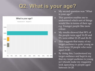 My second question was “What
is your age?”
 This question enables me to
understand which sort of things
would like in terms of their age
e.g. Younger people like more
colour.
 My results showed that 90% of
the people were aged 16-20 and
5% were either 21-25 and 26-30.
 This suggests that many of my
target audience is quite young as
there were 18 people who were
aged 16-20.
 By doing this, I understood my
target audience and kept in my
that my target audience is young
so I should make my magazine
look appealing to people aged
between 16-20.
 