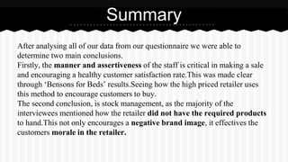 After analysing all of our data from our questionnaire we were able to
determine two main conclusions.
Firstly, the manner and assertiveness of the staff is critical in making a sale
and encouraging a healthy customer satisfaction rate.This was made clear
through ‘Bensons for Beds’ results.Seeing how the high priced retailer uses
this method to encourage customers to buy.
The second conclusion, is stock management, as the majority of the
interviewees mentioned how the retailer did not have the required products
to hand.This not only encourages a negative brand image, it effectives the
customers morale in the retailer.
Summary
 