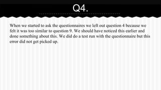 When we started to ask the questionnaires we left out question 4 because we
felt it was too similar to question 9. We should have noticed this earlier and
done something about this. We did do a test run with the questionnaire but this
error did not get picked up.
Q4.
 