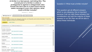 Question 3: What must a thriller include?
This question got all different answers
which is very pleasing, this is important
because if we can take these answers into
consideration and add the majority of these
answers to our film then we will be able to
attract these individuals.
 