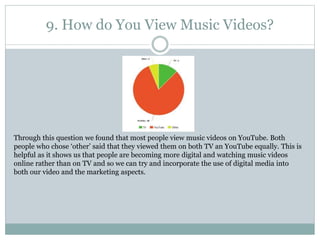 9. How do You View Music Videos?
Through this question we found that most people view music videos on YouTube. Both
people who chose ‘other’ said that they viewed them on both TV an YouTube equally. This is
helpful as it shows us that people are becoming more digital and watching music videos
online rather than on TV and so we can try and incorporate the use of digital media into
both our video and the marketing aspects.
 