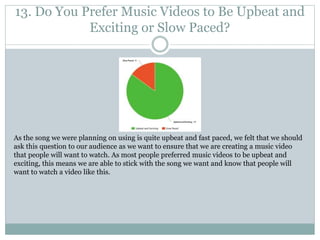 13. Do You Prefer Music Videos to Be Upbeat and
Exciting or Slow Paced?
As the song we were planning on using is quite upbeat and fast paced, we felt that we should
ask this question to our audience as we want to ensure that we are creating a music video
that people will want to watch. As most people preferred music videos to be upbeat and
exciting, this means we are able to stick with the song we want and know that people will
want to watch a video like this.
 
