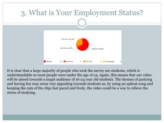 3. What is Your Employment Status?
It is clear that a large majority of people who took the survey are students, which is
understandable as most people were under the age of 24. Again, this means that our video
will be aimed towards a target audience of 16-24 year old students. The themes of partying
and having fun may seem very appealing towards students as, by using an upbeat song and
keeping the cuts of the clips fast paced and lively, the video could be a way to relieve the
stress of studying.
 