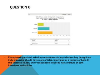QUESTION 6 
• For my next question I asked my respondents to say whether they thought my 
indie magazine should have more articles, interviews or a mixture of both. In 
this instance 45.45% of my respondents chose to hae a mixture of both 
interviews and articles. 
 
