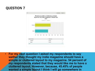 QUESTION 7 
• For my next question I asked my respondents to say 
wether they thought my indie magazine should have a 
simple or cluttered layout to my magazine. 54 percent of 
my respondents stated that they would like me to have a 
cluttered layout. However, because, 45.45% of people 
wanted a simple layout I think I will go somewhere in 
 