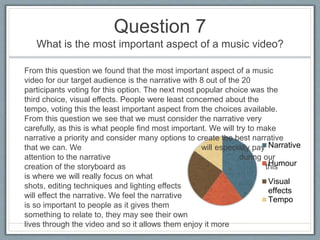 Question 7
What is the most important aspect of a music video?
Narrative
Humour
Visual
effects
Tempo
From this question we found that the most important aspect of a music
video for our target audience is the narrative with 8 out of the 20
participants voting for this option. The next most popular choice was the
third choice, visual effects. People were least concerned about the
tempo, voting this the least important aspect from the choices available.
From this question we see that we must consider the narrative very
carefully, as this is what people find most important. We will try to make
narrative a priority and consider many options to create the best narrative
that we can. We will especially pay
attention to the narrative during our
creation of the storyboard as this
is where we will really focus on what
shots, editing techniques and lighting effects
will effect the narrative. We feel the narrative
is so important to people as it gives them
something to relate to, they may see their own
lives through the video and so it allows them enjoy it more
 
