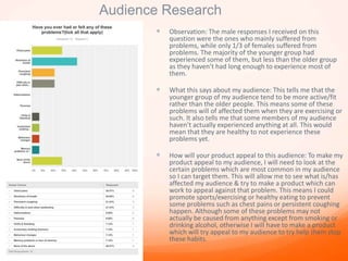 Audience Research
 Observation: The male responses I received on this
question were the ones who mainly suffered from
problems, while only 1/3 of females suffered from
problems. The majority of the younger group had
experienced some of them, but less than the older group
as they haven’t had long enough to experience most of
them.
 What this says about my audience: This tells me that the
younger group of my audience tend to be more active/fit
rather than the older people. This means some of these
problems will of affected them when they are exercising or
such. It also tells me that some members of my audience
haven’t actually experienced anything at all. This would
mean that they are healthy to not experience these
problems yet.
 How will your product appeal to this audience: To make my
product appeal to my audience, I will need to look at the
certain problems which are most common in my audience
so I can target them. This will allow me to see what is/has
affected my audience & try to make a product which can
work to appeal against that problem. This means I could
promote sports/exercising or healthy eating to prevent
some problems such as chest pains or persistent coughing
happen. Although some of these problems may not
actually be caused from anything except from smoking or
drinking alcohol, otherwise I will have to make a product
which will try appeal to my audience to try help them stop
these habits.
 