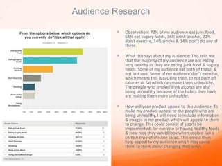 Audience Research
 Observation: 72% of my audience eat junk food,
64% eat sugary foods, 36% drink alcohol, 21%
don’t exercise, 14% smoke & 14% don’t do any of
these.
 What this says about my audience: This tells me
that the majority of my audience are not eating
very healthy as they are eating junk food & sugary
foods. Some of my audience eat both of these, &
not just one. Some of my audience don’t exercise,
which means this is causing them to not burn off
calories or fat which can make them unhealthy.
The people who smoke/drink alcohol are also
being unhealthy because of the habits they have
are making them more unhealthy.
 How will your product appeal to this audience: To
make my product appeal to the people who are
being unhealthy, I will need to include information
& images in my product which will appeal to them
to change. This could consist of sports be
implemented, for exercise or having healthy foods
& how nice they would look when cooked like a
certain type of chicken salad. This would then
help appeal to my audience which may cause
them to think about changing their ways.
 