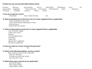 8. Which four are your favourite artists? (Please Circle)

Eminem         Rihanna          Jason Derulo     Ne-Yo       Nicki Minaj     Chris Brown    Jay-Z        JLS
Kanye West     Soulja Boy         Conor Maynard    Cher Lloyd     Tinie Tempah      Usher       Maroon 5
The Script       YMCMB           Ludacris    Drake      Dr Dre

9. How do you get your music?
         Download             Buy it online (iTunes)           CD

10. What would attract you to the front cover of a music magazine? (Tick as applicable)
         Famous people on the cover
         Front cover model making eye contact
         Colours/layout
         Quotes from the articles

11. Which of these features would suit in a music magazine? (tick as applicable)
        Top 10 Hottest singles
        Latest music news
        Awards
        Concert/gig reviews
        Interviews
        Latest CDs
        Quotes from celebrities
        Pictures of celebrities

12. Have you been to a music concert in the past year?
         Yes                     No

13. Which of the following straplines, would you prefer?
        Who would you have a Hip- Hop with?
         Stop. Go. Hip-Hop
         It makes your Hip- Hop smack
         Hip- Hop don’t stop

14. Which three colour schemes do you prefer best?
         Red, White, Black
         Pink, Purple, White
         Yellow, Black, White
 