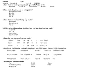 Gender:                     Age:
Male llllll   Female llll              15-17 llll 18-20 lllll
1. How often do you buy magazines in general? (Please circle)
            Always lll    Usually llll     Sometimes ll       Rarely l                            Never

2. How much do you spend on a magazine?
        As little as possible l
        £1- £2 ll
        £2- £3 lll
        £3+ llll

3. How often do you listen to hip-hop music?
          Always llllll
          Sometimes llll
          Never

4. Which of the following best describes how you feel about hip-hop music?
         Love it lllll
         Like it llll
         Don’t mind it l
         Can’t stand it

5. Describe your opinion of hip-hop music?
         Violent           1 lllll      2 lll    3 ll    4           5         Non- violent
         Sexist            1 llll       2 llll   3 lll   4 ll        5         Non- sexist
         Racist            1            2        3 lll   4 lllll     5 ll      Non- racist
6. Looking at the following words, please circle 5 you think feature the most in hip-hop culture.
      Rapping llllllll               Freedom lll                   Abuse l          Violence ll       Disrespecting lllll


      Black artists llllllll         Bad language lllll            Crime lllll      Drugs lllll       Gangsters lllll


      White artists l                Black culture ll              Hate llll        Women l           Fun
7. What is your favourite genre?
          Pop                                            RnB lll                              Dance
          Rock/Heavy Metal                               Classic                             Indie
          Hip Hop llll                                   Rap lll
 