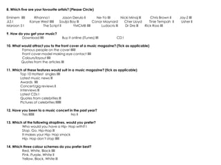 8. Which five are your favourite artists? (Please Circle)

Eminem lllll     Rihanna l          Jason Derulo ll     Ne-Yo llll     Nicki Minaj lll     Chris Brown ll   Jay-Z llll
JLS l          Kanye West llllll Soulja Boy lll       Conor Maynard      Cher Lloyd       Tinie Tempah ll    Usher ll
Maroon 5 l            The Script ll       YMCMB lllll     Ludacris lll    Dr Dre lll   Rick Ross llll

9. How do you get your music?
         Download lllll             Buy it online (iTunes) llll      CD l

10. What would attract you to the front cover of a music magazine? (Tick as applicable)
         Famous people on the cover lllllll
         Front cover model making eye contact lllll
         Colours/layout lllll
         Quotes from the articles llll

11. Which of these features would suit in a music magazine? (tick as applicable)
        Top 10 Hottest singles lllll
        Latest music news lll
        Awards lllll
        Concert/gig reviews ll
        Interviews lll
        Latest CDs l
        Quotes from celebrities lll
        Pictures of celebrities llllllll

12. Have you been to a music concert in the past year?
         Yes llllllll                 No ll

13. Which of the following straplines, would you prefer?
         Who would you have a Hip- Hop with? l
         Stop. Go. Hip-Hop lll
         It makes your Hip- Hop smack
         Hip- Hop don’t stop llllll

14. Which three colour schemes do you prefer best?
         Red, White, Black lllll
         Pink, Purple, White ll
         Yellow, Black, White lll
 