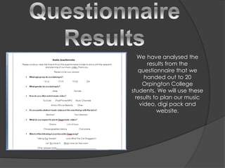 We have analysed the
results from the
questionnaire that we
handed out to 20
Orpington College
students. We will use these
results to plan our music
video, digi pack and
website.
 