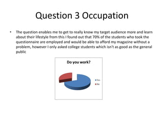 Question 3 Occupation
• The question enables me to get to really know my target audience more and learn
about their lifestyle from this I found out that 70% of the students who took the
questionnaire are employed and would be able to afford my magazine without a
problem, however I only asked college students which isn't as good as the general
public
 